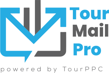 Tour Mail Pro logo, grey and light blue. Powered by Tour PPC