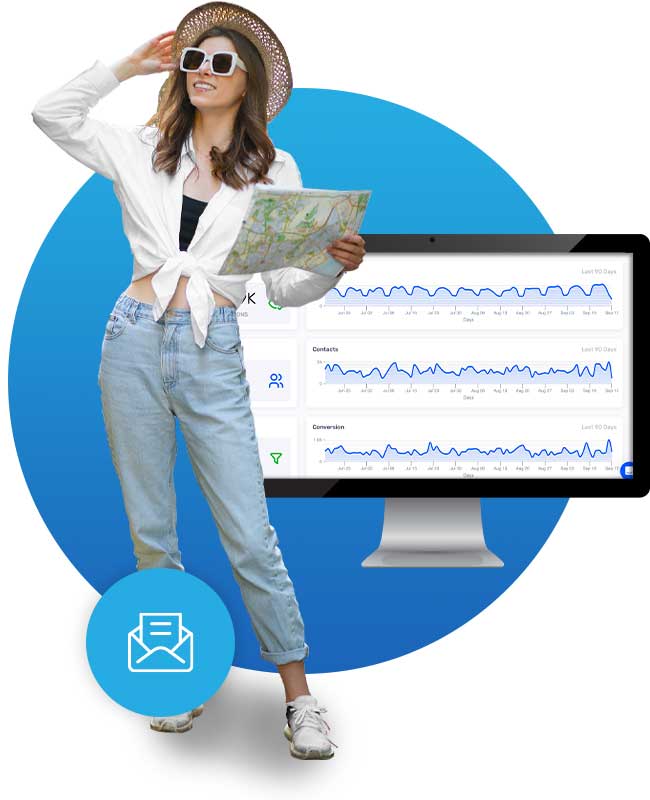 Woman tourist beside a desktop computer Tour Mail Pro analytical data.