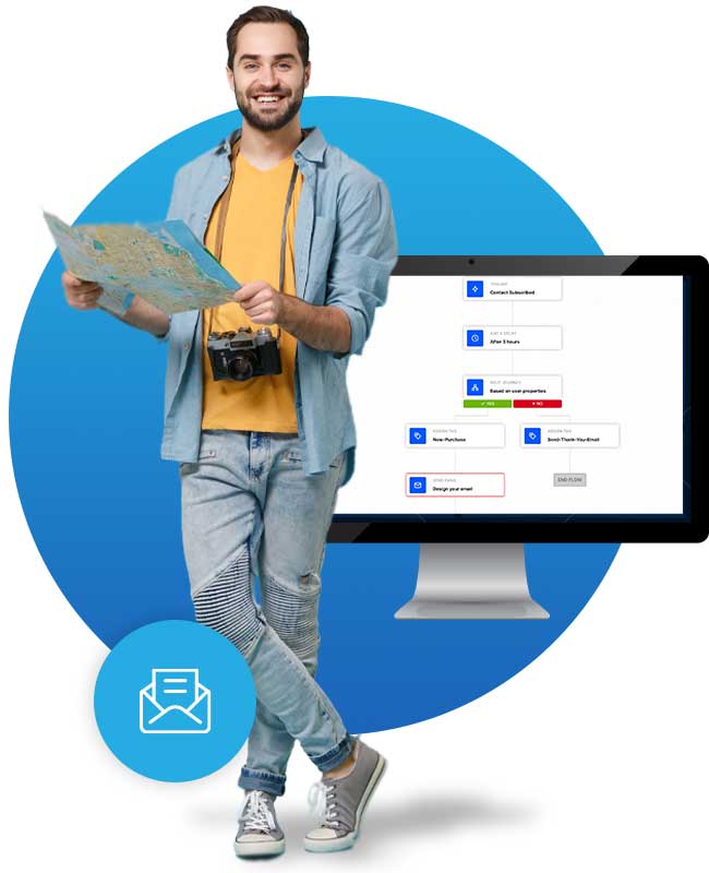 Male tourist with map beside a desktop computer showing Tour Mail Pro email marketing data and flow chart.